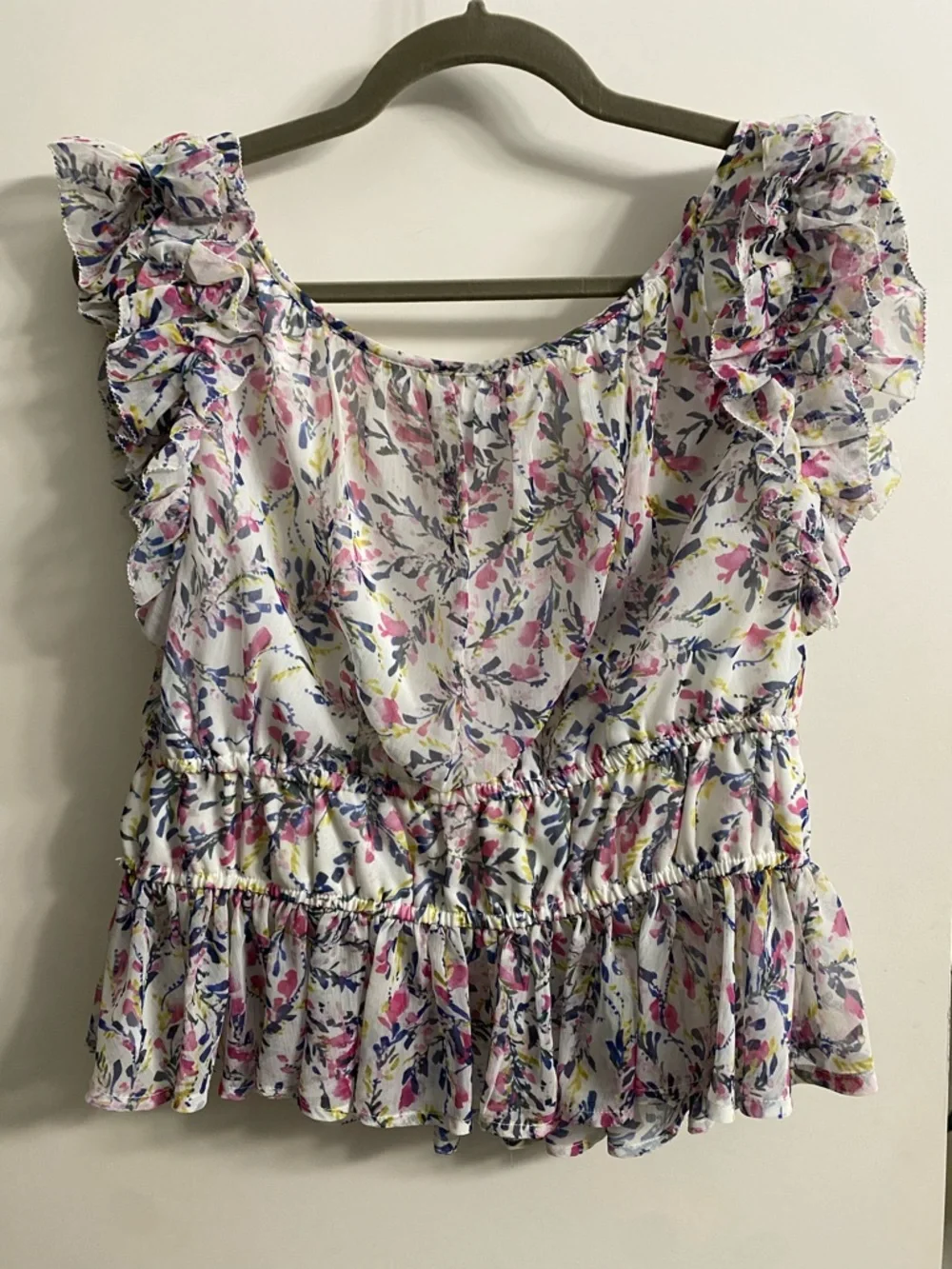 French Connection Pink Floral Ruffle Peplum Top Blouse Size Large Cottagecore - Picture 3 of 10